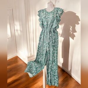 🚫SOLD🚫Boho Green Printed Jumpsuit Ruffle Sleeve Belted Wide Leg Jumpsuit